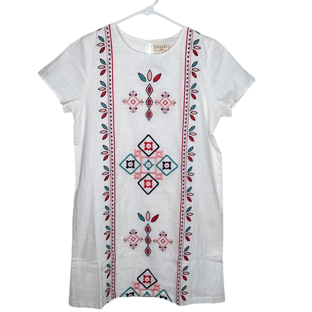 Hayden Girls White Embroidered Geometric Shift Dress Short Sleeve‎ Size XL NWT